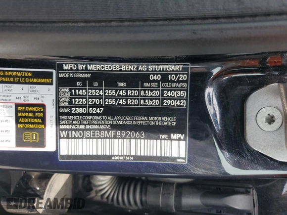 2021 Mercedes-Benz GLC 300 with VIN W1N0J8EB8MF892063, listed as a Copart auction lot 52832185 with 66,508 mi miles and Salvage title. Bid and sale history available at DreamBid. Image 16.