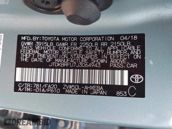 2018 Toyota Prius Two with VIN JTDKBRFU7J3064943, listed as a IAAI auction lot 42077330 with 108,223 mi miles and . Bid and sale history available at carsss.com. Image 9.