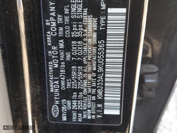 2019 Hyundai Tucson Night with VIN KM8J33AL9KU055365, listed as a Copart auction lot 89280005 with 65,002 mi miles and Salvage Title. Bid and sale history available at carsss.com. Image 13.