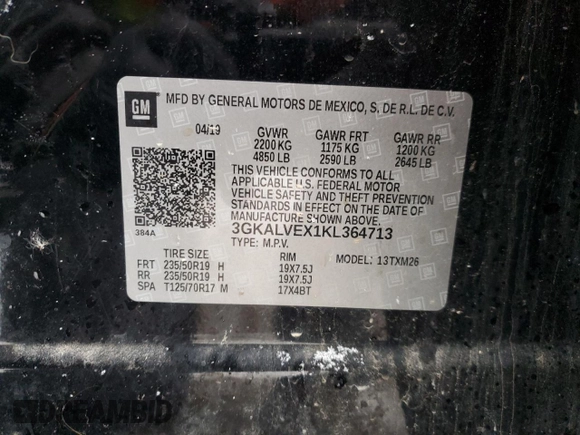 2019 GMC Terrain SLT with VIN 3GKALVEX1KL364713, listed as a Copart auction lot 85203964 with 138,134 mi miles and Salvage Title. Bid and sale history available at carsss.com. Image 15.