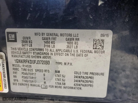 2015 Chevrolet Traverse LS with VIN 1GNKRFKD0FJ372093, listed as a Copart auction lot 52007305 with 142,206 mi miles and Clean Title. Bid and sale history available at carsss.com. Image 14.