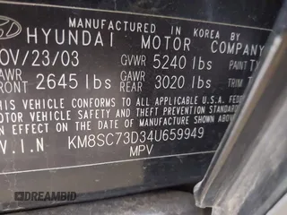 2004 Hyundai Santa Fe GLS with VIN KM8SC73D34U659949, listed as a IAAI auction lot 42111322 with 205,309 mi miles. Bid and sale history available at carsss.com. Image 9.