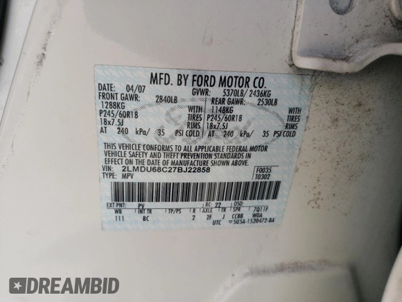 2007 Lincoln MKX z VIN 2LMDU68C27BJ22858, wystawiony jako Copart lot #54777825 z przebiegiem 147 548 mil mil oraz Szkoda całkowita • Salvage title. Historia ofert i sprzedaży dostępna na DreamBid. Obrazek 13.