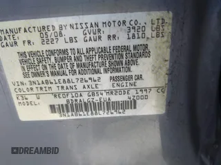 2008 Nissan Sentra S with VIN 3N1AB61E88L726962, listed as a IAAI auction lot 41885694 with 171,136 mi miles and . Bid and sale history available at DreamBid. Image 9.