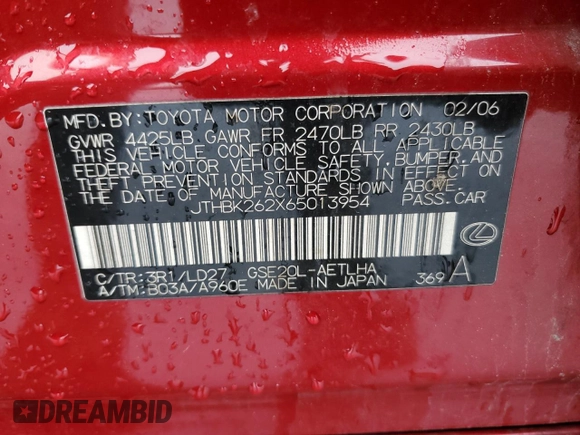 2006 Lexus IS 250 with VIN JTHBK262X65013954, listed as a Copart auction lot 55437155 with 158,395 mi miles and Clean Title. Bid and sale history available at DreamBid. Image 12.