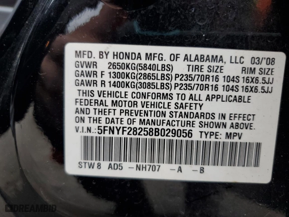 2008 Honda Pilot VP with VIN 5FNYF28258B029056, listed as a Copart auction lot 50219975 with 116,683 mi miles and Salvage Title. Bid and sale history available at carsss.com. Image 13.