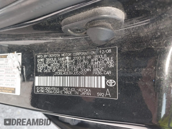 2009 Toyota Corolla z VIN JTDBL40E89J053927, wystawiony jako IAAI lot #42305215 z przebiegiem Nie podano mil oraz . Historia ofert i sprzedaży dostępna na DreamBid. Obrazek 9.