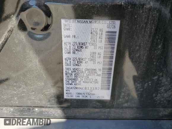 2016 Nissan Rogue SV z VIN 5N1AT2MV9GC813192, wystawiony jako Copart lot #55761845 z przebiegiem 220 352 mil mil oraz Szkoda całkowita • Salvage title. Historia ofert i sprzedaży dostępna na DreamBid. Obrazek 13.