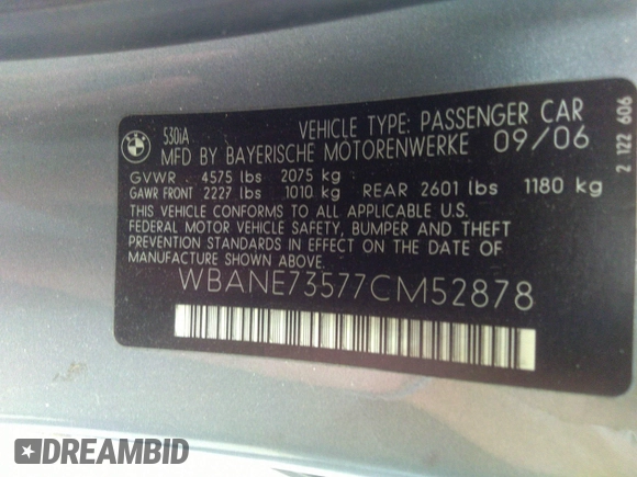 2007 BMW 5 Series 530i with VIN WBANE73577CM52878, listed as a IAAI auction lot 41357661 with 1 mi miles. Bid and sale history available at carsss.com. Image 9.