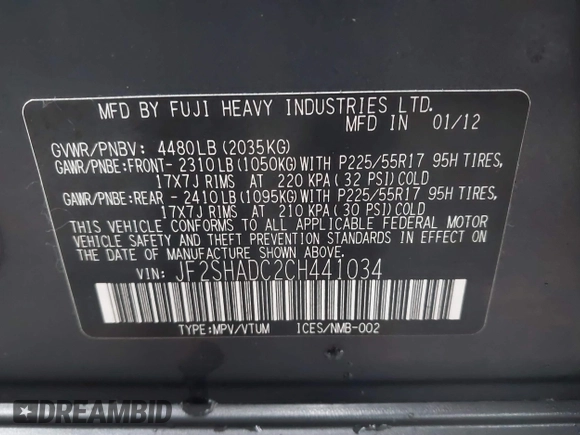 2012 Subaru Forester X Premium with VIN JF2SHADC2CH441034, listed as a IAAI auction lot 41457745 with 213,233 mi miles and . Bid and sale history available at DreamBid. Image 9.