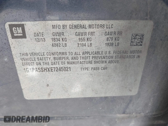 2014 Chevrolet Cruze LS with VIN 1G1PA5SH6E7245021, listed as a IAAI auction lot 42048349 with Not Provided miles and . Bid and sale history available at DreamBid. Image 9.