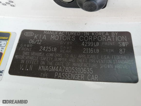 2013 Kia Optima LX with VIN KNAGM4A78D5310635, listed as a Copart auction lot 48231165 with 194,049 mi miles and Salvage Title. Bid and sale history available at carsss.com. Image 12.