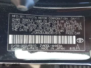 2011 Toyota Prius I with VIN JTDKN3DU8B0301515, listed as a IAAI auction lot 41923639 with 155,659 mi miles. Bid and sale history available at carsss.com. Image 9.
