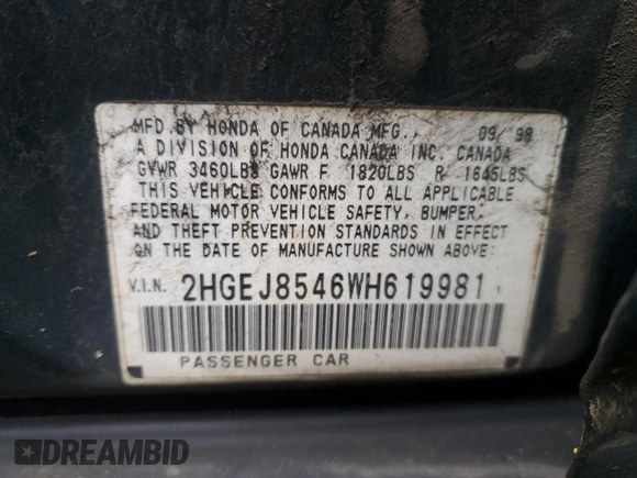 1998 Honda Civic EX with VIN 2HGEJ8546WH619981, listed as a Copart auction lot 88636735 with 208,240 mi miles and Salvage Title. Bid and sale history available at carsss.com. Image 15.