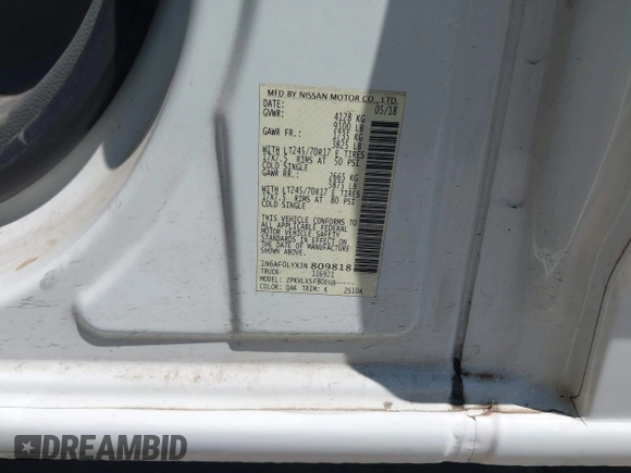 2018 Nissan NV Cargo SV z VIN 1N6AF0LYXJN809818, wystawiony jako IAAI lot #41882662 z przebiegiem 109 329 mil mil oraz . Historia ofert i sprzedaży dostępna na DreamBid. Obrazek 9.