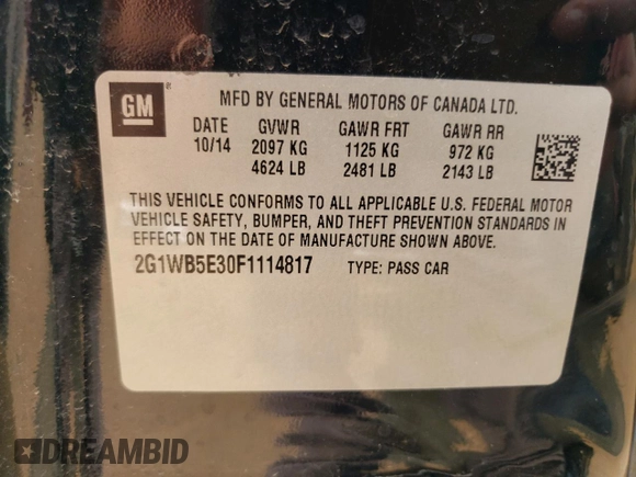 2015 Chevrolet Impala LT with VIN 2G1WB5E30F1114817, listed as a Copart auction lot 59037375 with 138,979 mi miles and Salvage title. Bid and sale history available at DreamBid. Image 12.
