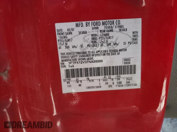 2007 Ford F-150 XL z VIN 1FTPX12V37NA55550, wystawiony jako Copart lot #52700325 z przebiegiem 219 721 mil mil oraz Szkoda całkowita • Salvage title. Historia ofert i sprzedaży dostępna na DreamBid. Obrazek 12.
