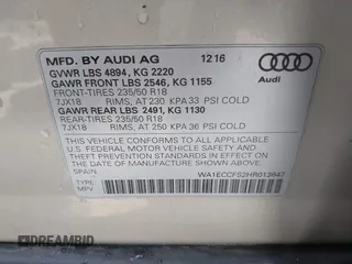 2017 Audi Q3 Premium with VIN WA1ECCFS2HR013647, listed as a IAAI auction lot 42376718 with Not provided miles and . Bid and sale history available at DreamBid. Image 9.