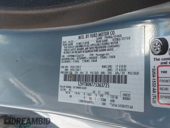 2007 Ford Mustang Deluxe с VIN 1ZVFT80N775363725, выставлен на аукционе IAAI как лот 42544069 с пробегом 200 300 миль миль и . История ставок и продаж доступна на DreamBid. Изображение 9.