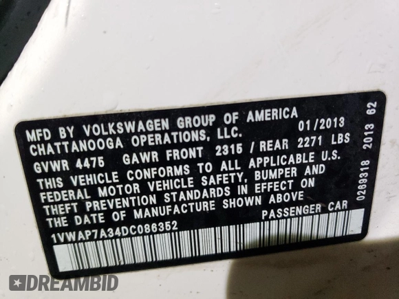 2013 Volkswagen Passat S with VIN 1VWAP7A34DC086352, listed as a Copart auction lot 47503005 with 121,106 mi miles and Clean title. Bid and sale history available at DreamBid. Image 12.