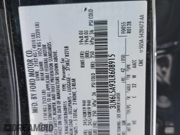 2020 Lincoln MKZ Standard with VIN 3LN6L5A93LR608915, listed as a Copart auction lot 45404575 with 67,316 mi miles and Salvage Title. Bid and sale history available at DreamBid. Image 13.