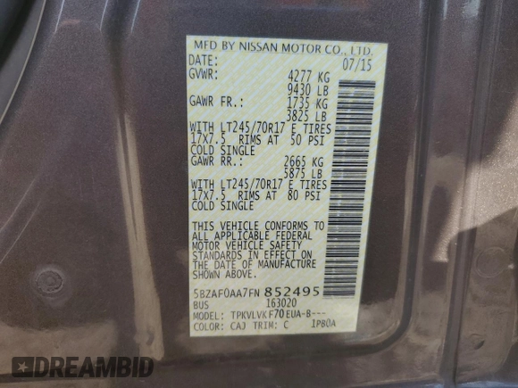 2015 Nissan NV SL с VIN 5BZAF0AA7FN852495, выставлен на аукционе Copart как лот 59935005 с пробегом 175 929 миль миль и Списание • Salvage title. История ставок и продаж доступна на DreamBid. Изображение 12.