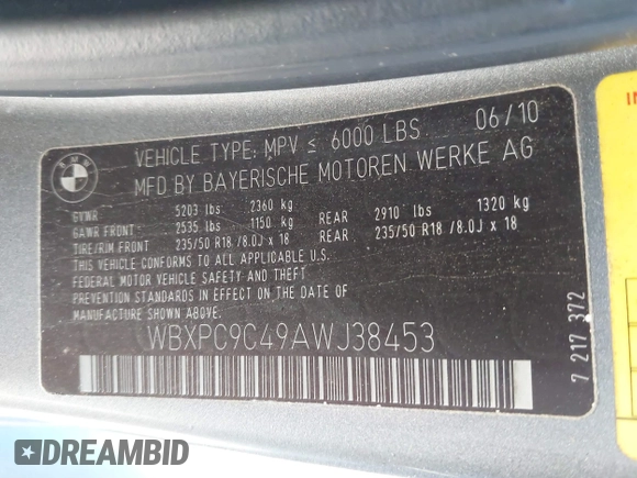 2010 BMW X3 xDrive30i with VIN WBXPC9C49AWJ38453, listed as a IAAI auction lot 41863225 with 1 mi miles. Bid and sale history available at carsss.com. Image 9.