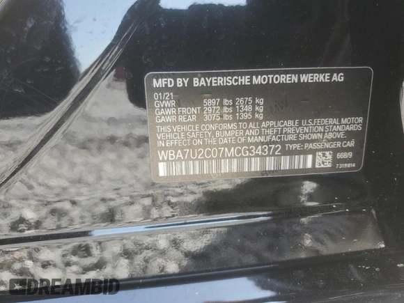 2021 BMW 7 Series 750i xDrive with VIN WBA7U2C07MCG34372, listed as a Copart auction lot 50639425 with 44,120 mi miles and Clean Title. Bid and sale history available at carsss.com. Image 12.