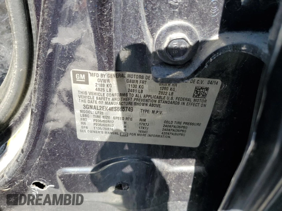 2014 Chevrolet Captiva Sport LS with VIN 3GNAL2EK4ES665749, listed as a Copart auction lot 67525964 with Not Provided miles and Clean Title. Bid and sale history available at DreamBid. Image 12.