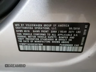 2017 Volkswagen Passat 1.8T SE with VIN 1VWBT7A3XHC007806, listed as a Copart auction lot 48146145 with 119,710 mi miles and Salvage Title. Bid and sale history available at carsss.com. Image 12.