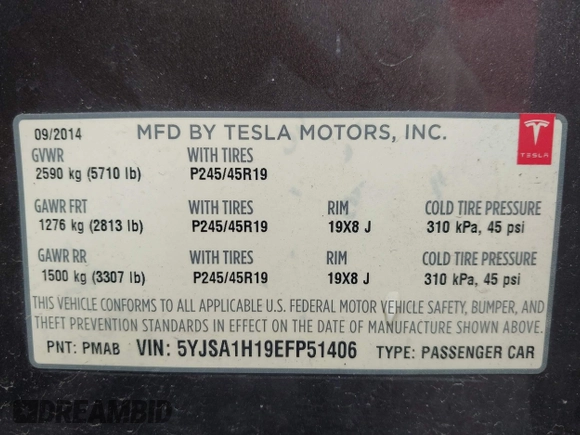 2014 Tesla Model S 60 z VIN 5YJSA1H19EFP51406, wystawiony jako IAAI lot #42179183 z przebiegiem 157 000 mil mil oraz . Historia ofert i sprzedaży dostępna na DreamBid. Obrazek 9.