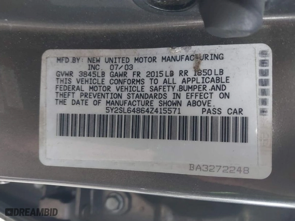 2004 Pontiac Vibe with VIN 5Y2SL64864Z415571, listed as a IAAI auction lot 41463895 with 103,674 mi miles. Bid and sale history available at carsss.com. Image 9.