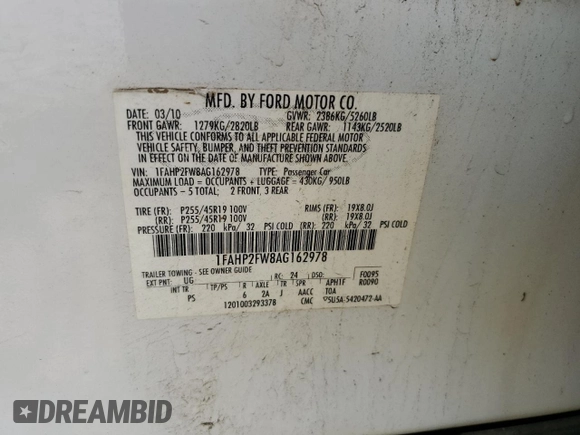 2010 Ford Taurus Limited with VIN 1FAHP2FW8AG162978, listed as a Copart auction lot 57617625 with 228,621 mi miles and Salvage title. Bid and sale history available at DreamBid. Image 12.