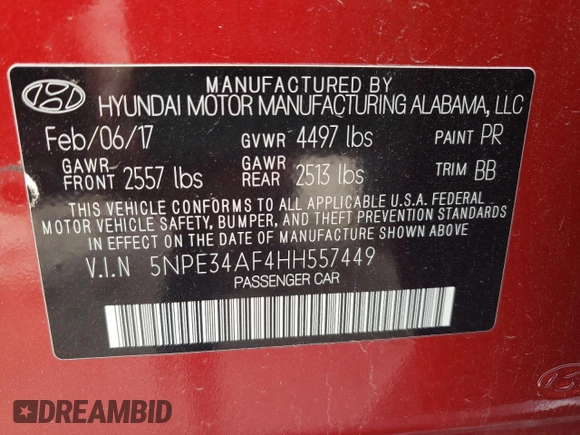 2017 Hyundai Sonata Sport with VIN 5NPE34AF4HH557449, listed as a Copart auction lot 53828695 with 32,103 mi miles and Salvage Title. Bid and sale history available at carsss.com. Image 13.