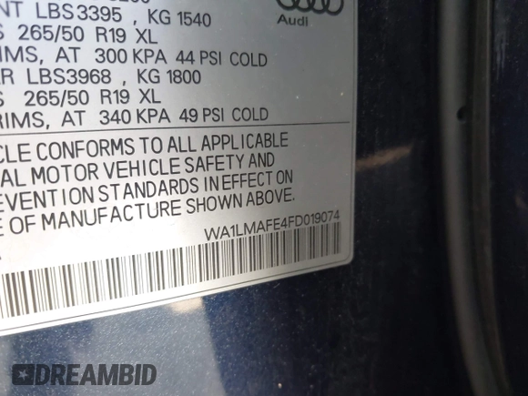 2015 Audi Q7 Premium Plus with VIN WA1LMAFE4FD019074, listed as a IAAI auction lot 42399852 with 164,010 mi miles and . Bid and sale history available at DreamBid. Image 9.