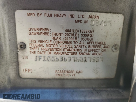 2007 Subaru Impreza Outback Special Sports с VIN JF1GG63637H817557, выставлен на аукционе Copart как лот 74263544 с пробегом 160 709 миль миль и Списание • Salvage title. История ставок и продаж доступна на DreamBid. Изображение 14.