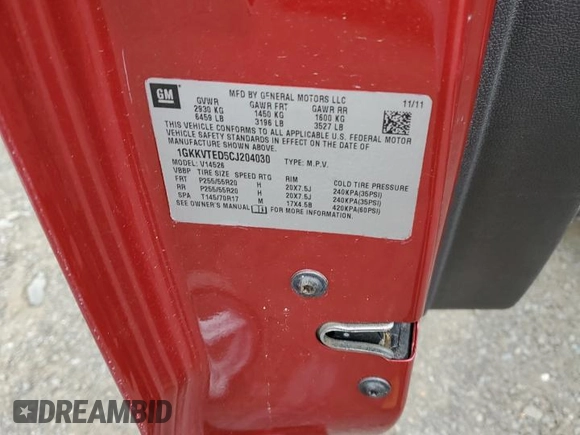 2012 GMC Acadia Denali z VIN 1GKKVTED5CJ204030, wystawiony jako Copart lot #56695775 z przebiegiem 77 717 mil mil oraz Szkoda całkowita • Salvage title. Historia ofert i sprzedaży dostępna na DreamBid. Obrazek 12.