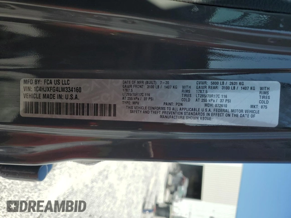 2020 Jeep Wrangler Unlimited Rubicon with VIN 1C4HJXFG4LW334160, listed as a Copart auction lot 59486435 with Not provided miles and Salvage title. Bid and sale history available at DreamBid. Image 12.