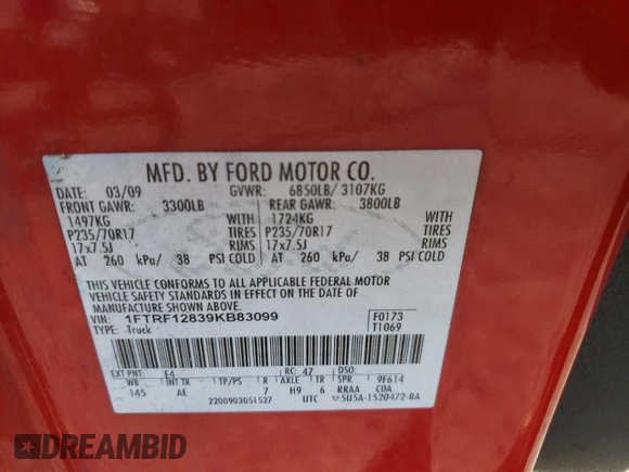 2009 Ford F-150 XL with VIN 1FTRF12839KB83099, listed as a Copart auction lot 86199304 with 201,592 mi miles and Clean Title. Bid and sale history available at carsss.com. Image 15.