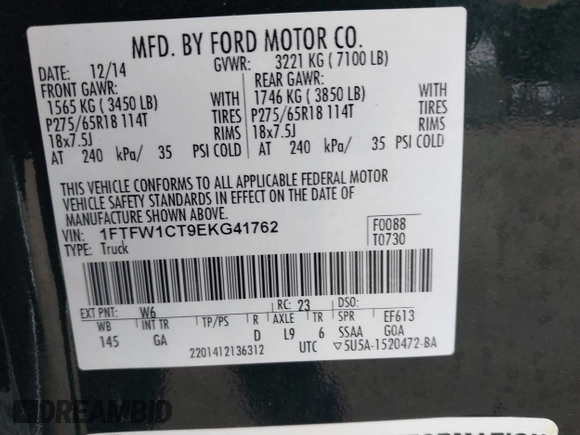 2014 Ford F-150 XL with VIN 1FTFW1CT9EKG41762, listed as a IAAI auction lot 41797534 with 218,089 mi miles. Bid and sale history available at carsss.com. Image 9.