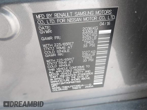 2016 Nissan Rogue SV with VIN KNMAT2MT9GP687315, listed as a IAAI auction lot 41589396 with 143,799 mi miles and . Bid and sale history available at DreamBid. Image 9.