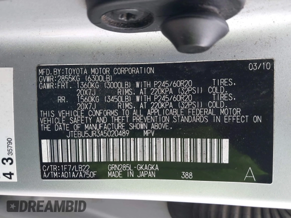 2010 Toyota 4Runner Trail with VIN JTEBU5JR3A5020489, listed as a IAAI auction lot 41255556 with 231,856 mi miles and . Bid and sale history available at DreamBid. Image 9.