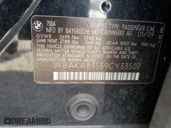 2009 BMW 7 Series 750i с VIN WBAKA83559CY33507, выставлен на аукционе Copart как лот 50502475 с пробегом Не указан миль и Чистый • Clean title. История ставок и продаж доступна на DreamBid. Изображение 12.