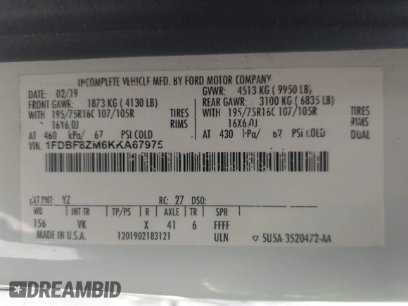2019 Ford Transit z VIN 1FDBF8ZM6KKA67975, wystawiony jako IAAI lot #42294894 z przebiegiem 108 670 mil mil oraz . Historia ofert i sprzedaży dostępna na DreamBid. Obrazek 9.