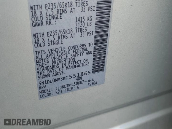 2019 Infiniti QX60 Luxe with VIN 5N1DL0MM3KC551865, listed as a Copart auction lot 72581354 with 105,016 mi miles and Salvage Title. Bid and sale history available at DreamBid. Image 13.