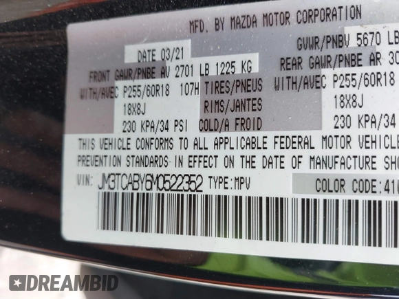 2021 Mazda CX-9 Sport with VIN JM3TCABY6M0522352, listed as a IAAI auction lot 42613136 with 106,167 mi miles and . Bid and sale history available at DreamBid. Image 9.