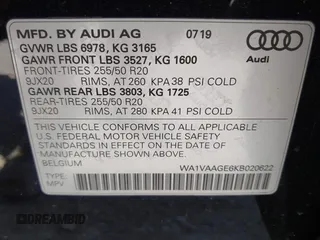 2019 Audi e-tron Prestige with VIN WA1VAAGE6KB020622, listed as a IAAI auction lot 41830236 with 32,835 mi miles and . Bid and sale history available at DreamBid. Image 9.