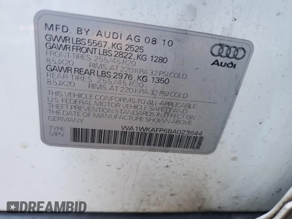2011 Audi Q5 Prestige with VIN WA1WKAFP6BA023644, listed as a Copart auction lot 83768944 with 175,093 mi miles and Salvage title. Bid and sale history available at DreamBid. Image 15.