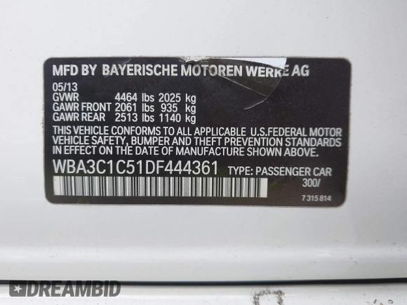 2013 BMW 3 Series 328i with VIN WBA3C1C51DF444361, listed as a IAAI auction lot 41788381 with 1 mi miles. Bid and sale history available at carsss.com. Image 9.