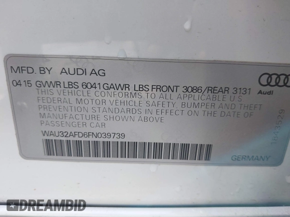 2015 Audi A8 4.0T with VIN WAU32AFD6FN039739, listed as a IAAI auction lot 41946401 with 102,668 mi miles and . Bid and sale history available at DreamBid. Image 9.